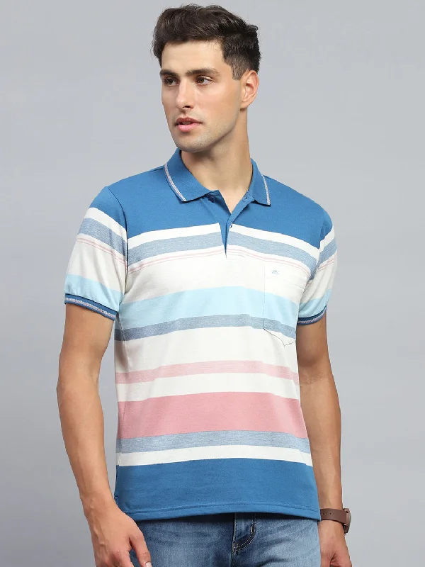 Men's weather-resistant t-shirt-Men Blue Stripe Collar Half Sleeve T-Shirt