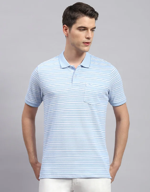 Men's sporty look t-shirt-Men Sky Blue Stripe Collar Neck Half Sleeve T-Shirt