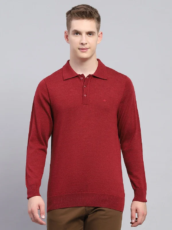 Men's weather-resistant t-shirt-Men Maroon Solid Collar Full Sleeve Winter T-Shirt