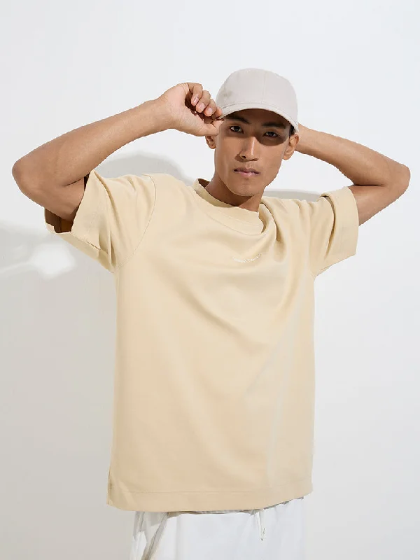 Men's soft hand feel t-shirt-Studiofit Beige Text Embroidered Relaxed-Fit Cotton-Blend T-Shirt