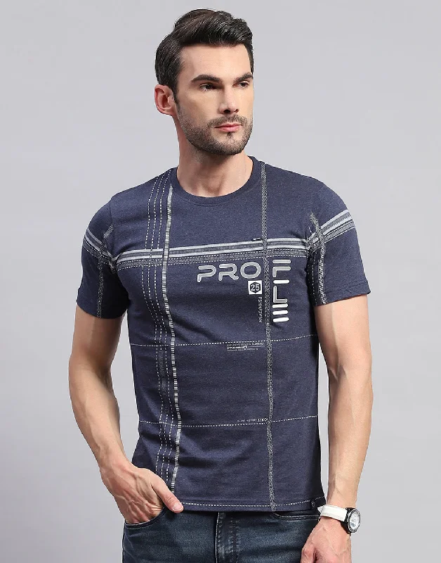 Men's earthy tones t-shirt-Men Navy Blue Printed Round Neck Half Sleeve T-Shirt