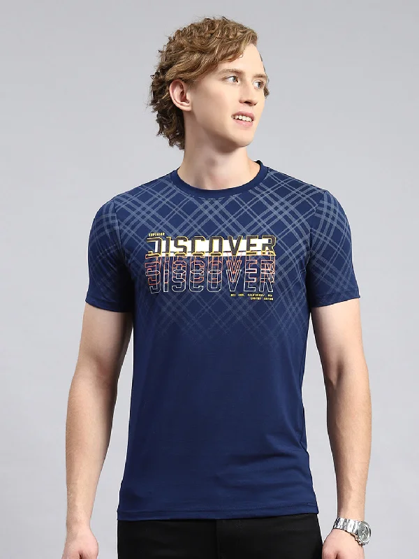 Men's high-neck t-shirt-Men Blue Printed T-Shirt