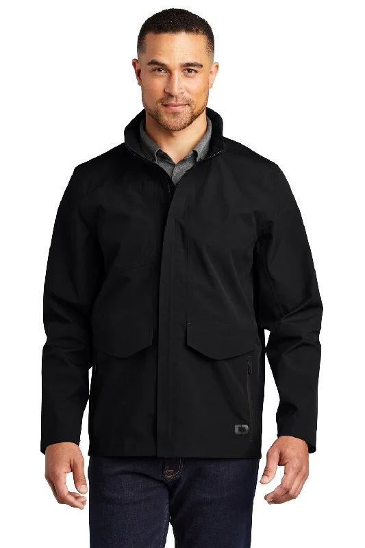 Men's durable utility jacket-Ogio Mens Utilitarian Wind & Water Resistant Full Zip Hooded Jacket - Blacktop - Closeout