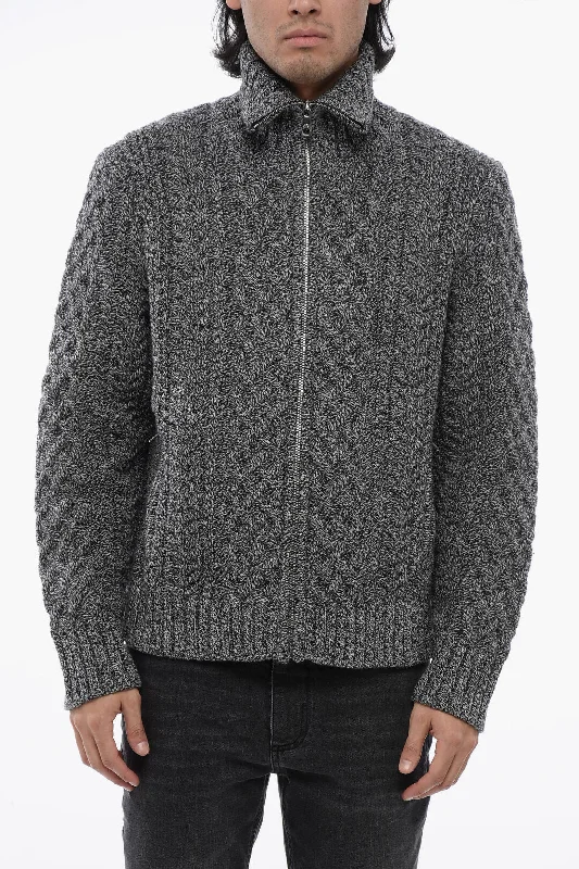 Men's sleep sweatshirt-Neil Barrett Full Zipped Cable Knit Wool Pullover