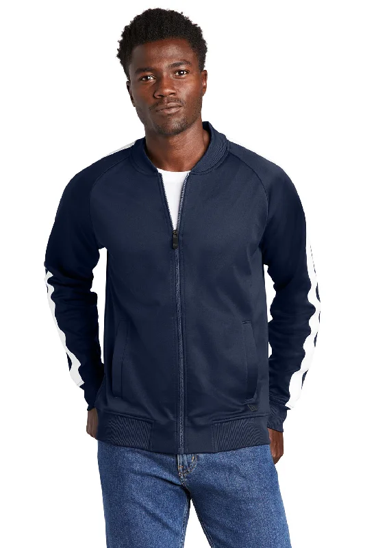 Men's performance softshell jacket-New Era Mens Full Zip Track Jacket - True Navy Blue/White - Closeout