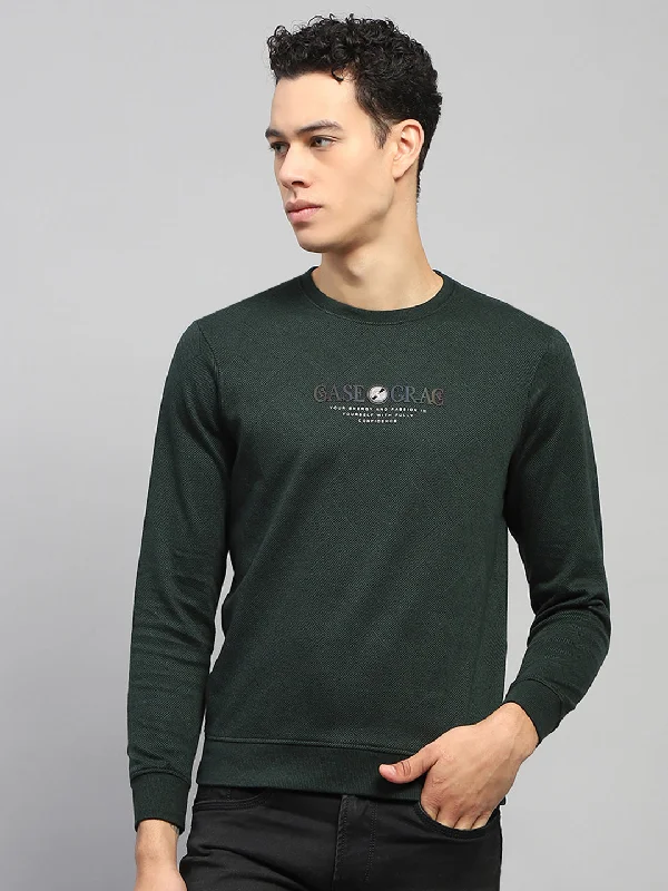 Men's weekend casual t-shirt-Men Green Printed Round Neck Full Sleeve Winter T-Shirt