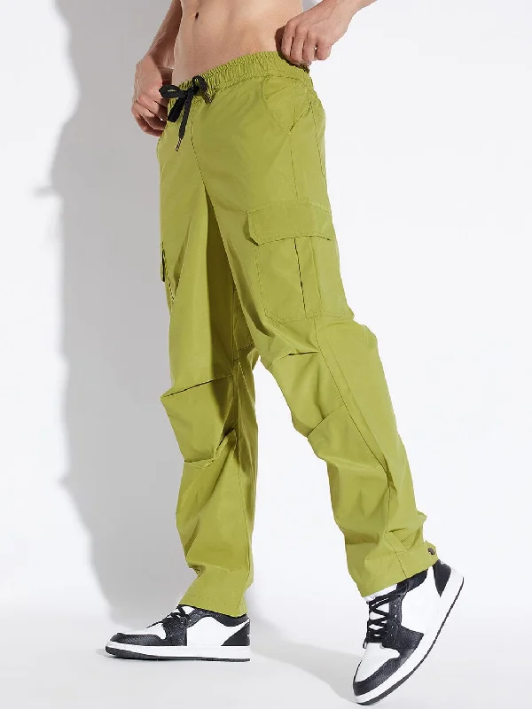 mens machine-washable pants-Light Green Cargo Parachute Trackpants