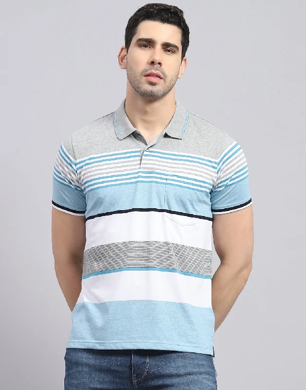 Men's quick-wicking t-shirt-Men Blue Stripe Polo Collar Half Sleeve T-Shirt