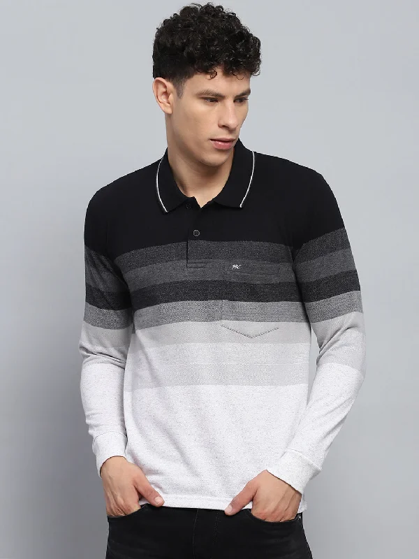 Men's travel-friendly t-shirt-Men Black Stripe Collar Full Sleeve Winter T-Shirt