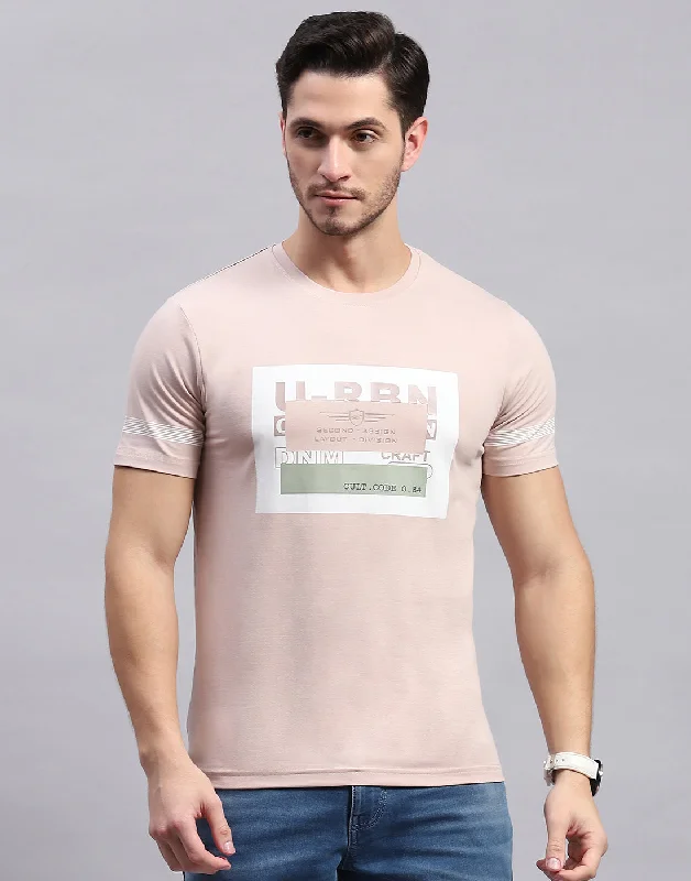 Men's moisture-managing t-shirt-Men Peach Printed Round Neck Half Sleeve T-Shirt