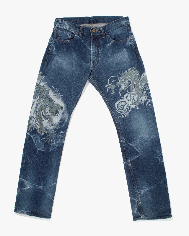 mens eco-friendly trousers-Japanese Repro Denim Jeans, Eternal, Dragon and Tiger Graphic - 32