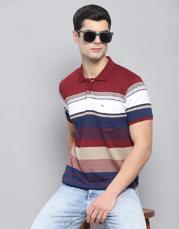 Men's street smart t-shirt-Men Red Stripe Polo Collar Half Sleeve T-Shirt