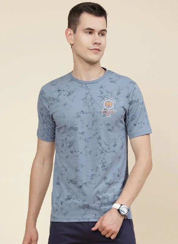 Men's high-neck t-shirt-Men Blue Printed T-Shirt