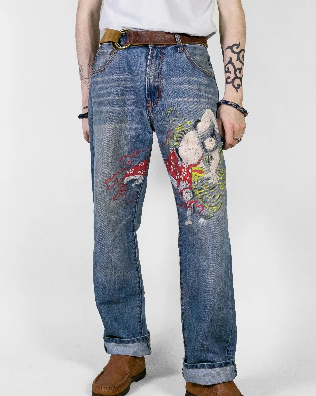 mens hybrid joggers-Japanese Repro Denim Jeans, Zen Clothing, Hand Painted Samurai - 34