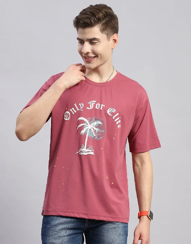 Men's double-layer t-shirt-Men Pink Printed Round Neck Half Sleeve T-Shirt