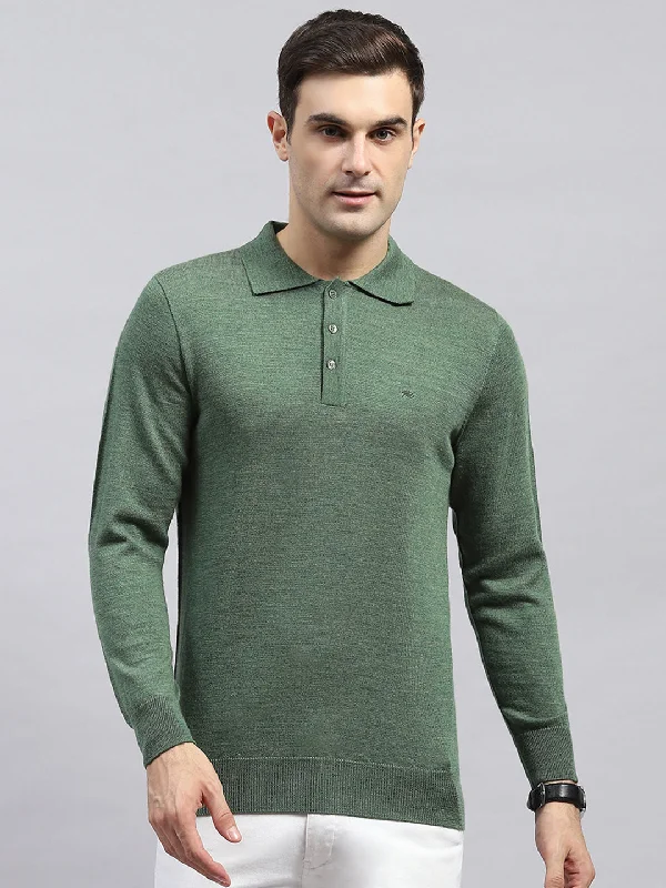 Men's anti-odor t-shirt-Men Green Solid Collar Full Sleeve Winter T-Shirt