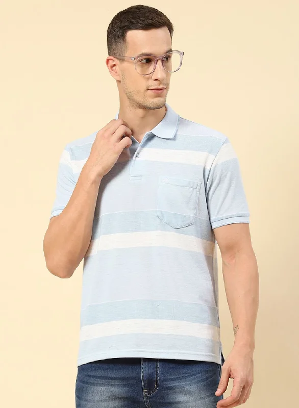 Men's soft hand feel t-shirt-Men Blue Stripe T-Shirt