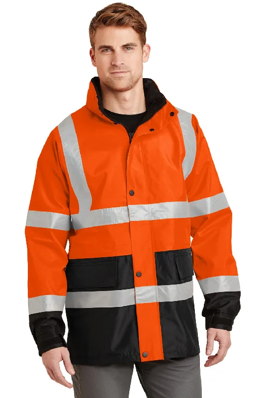 Men's sustainable utility jacket-CornerStone Mens ANSI 107 Class 3 Waterproof Full Zip Hooded Jacket - Safety Orange