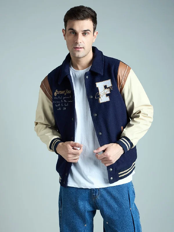 Men's relaxed fit parka-Navy Statement Woollen Varsity Jacket