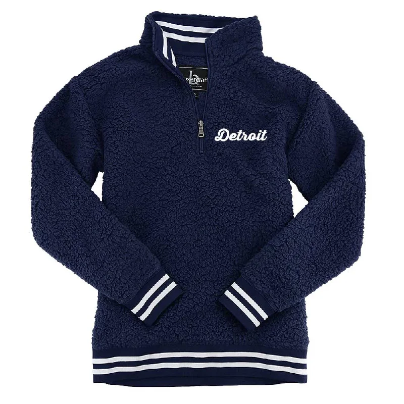 Men's pajama sweatshirt-Ladies Detroit Thirsty Script Sherpa 1/4 zip (Navy Blue)