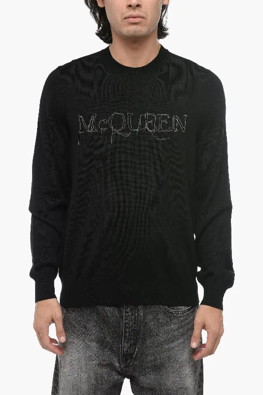 Men's heavyweight knit-Alexander McQueen Crew Neck Wool Sweater with Metallic Logo