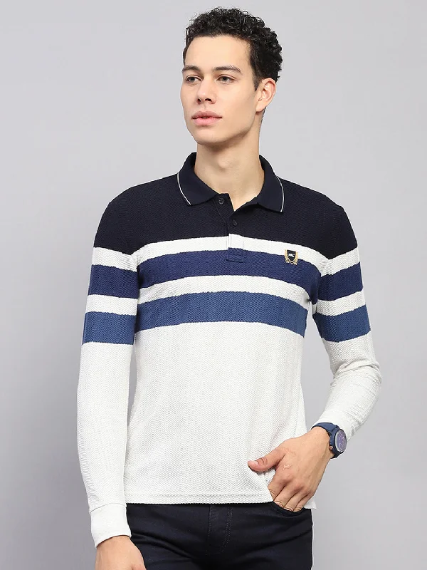 Men's yoga t-shirt-Men White & Blue Stripe Collar Full Sleeve Winter T-Shirt