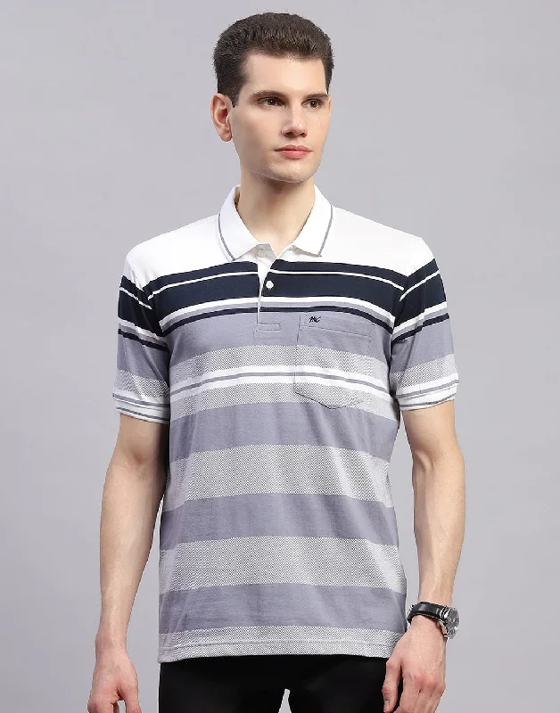 Men's weekend casual t-shirt-Men Navy Blue Stripe Collar Half Sleeve T-Shirt