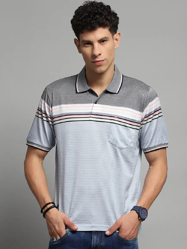 Men's contemporary t-shirt-Men Blue Stripe Collar Half Sleeve T-Shirt