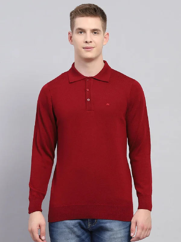 Men's wrinkle-resistant casual t-shirt-Men Maroon Solid Collar Full Sleeve Winter T-Shirt