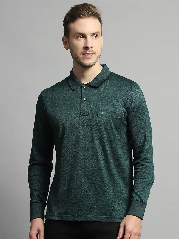 Men's tailored fit t-shirt-Men Green Self Design Collar Full Sleeve Winter T-Shirt