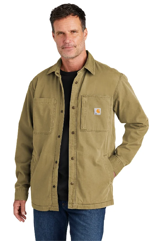 Men's pre-washed fleece jacket-Carhartt Mens Rugged Flex Fleece Lined Button Down Shirt Jacket - Dark Khaki Brown