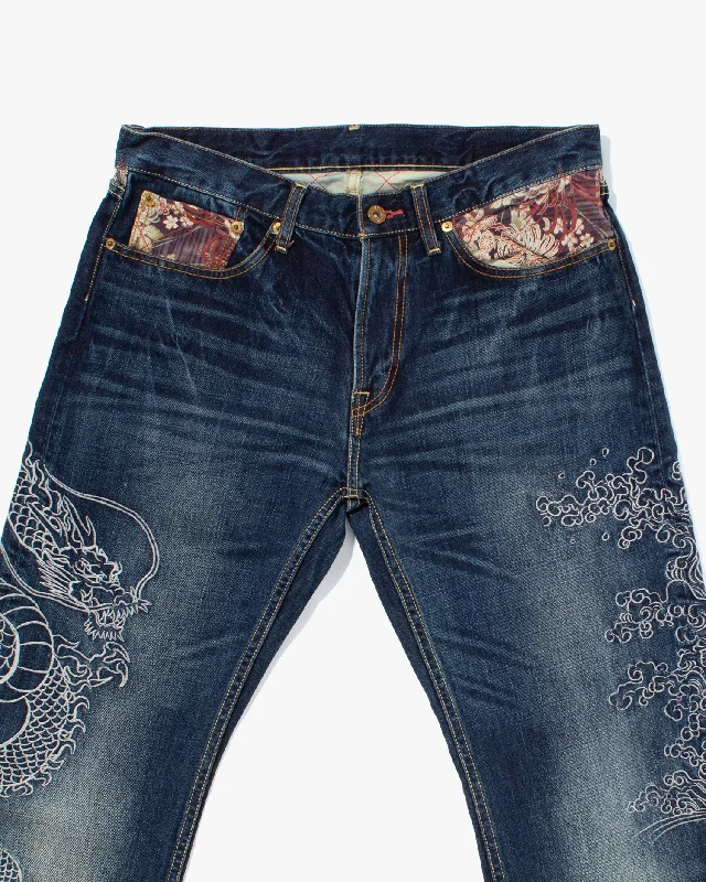 mens sustainable slacks-Japanese Repro Denim Jeans, Eternal, Dragon Embroidery with Red Floral - 34