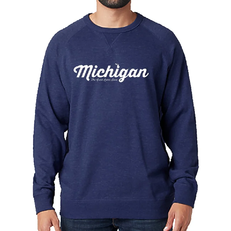 Men's pullover sweatshirt-Michigan Script French Terry Crew Sweatshirt