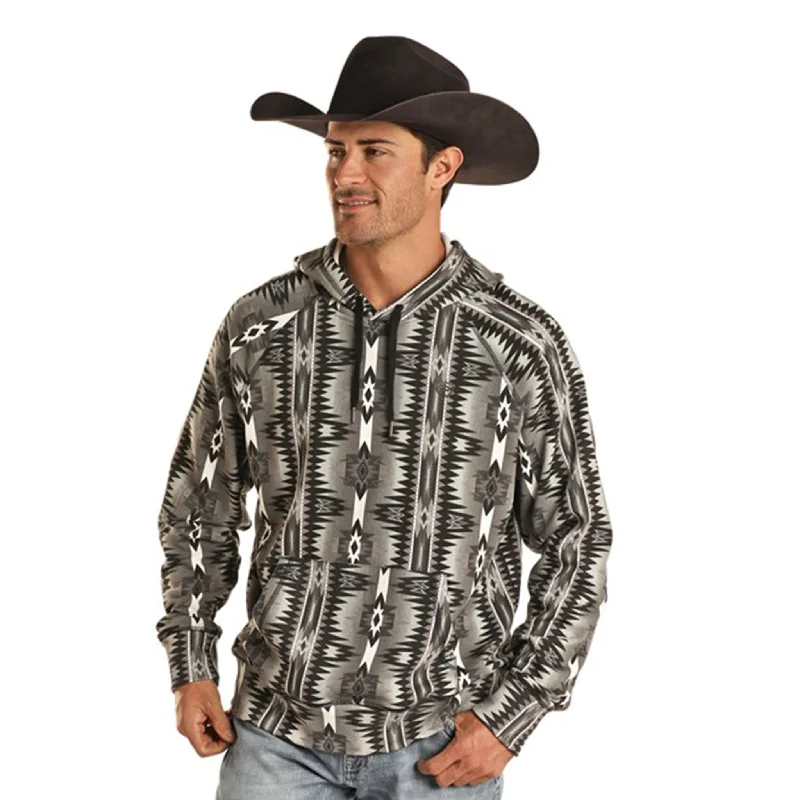 Men's pre-washed running hoodie-Rock & Roll Men's Black & White Aztec Hoodie