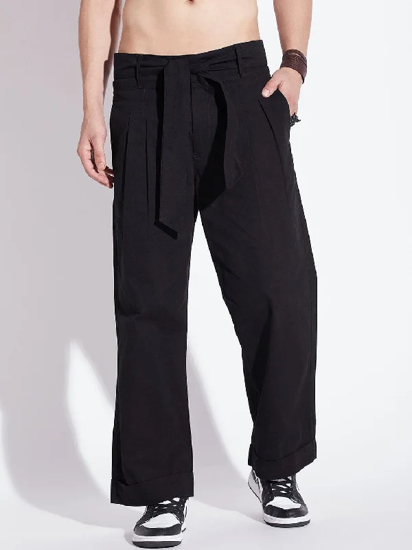 mens easy-care trousers-Black Twill Korean Baggy Pants