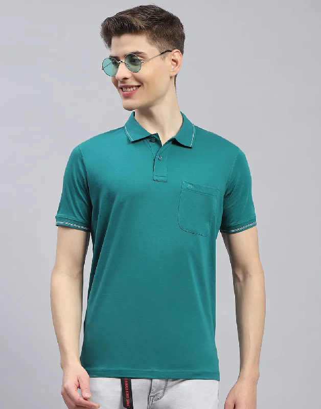 Men's contemporary t-shirt-Men Teal Blue Solid Polo Collar Half Sleeve T-Shirt