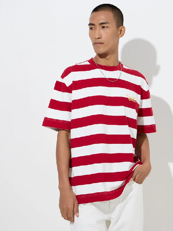 Men's sporty look t-shirt-Nuon Red Striped Relaxed-Fit Cotton T-Shirt