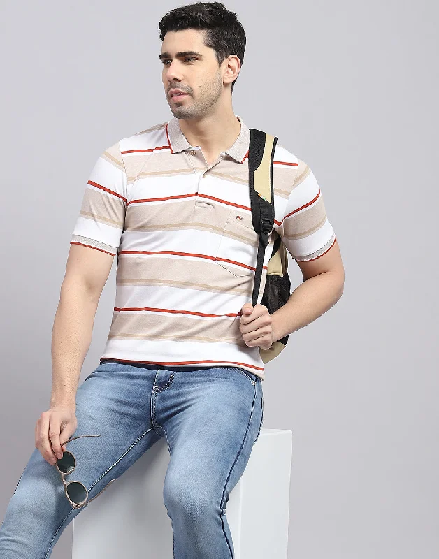 Men's classic style t-shirt-Men Brown Stripe Polo Collar Half Sleeve T-Shirt