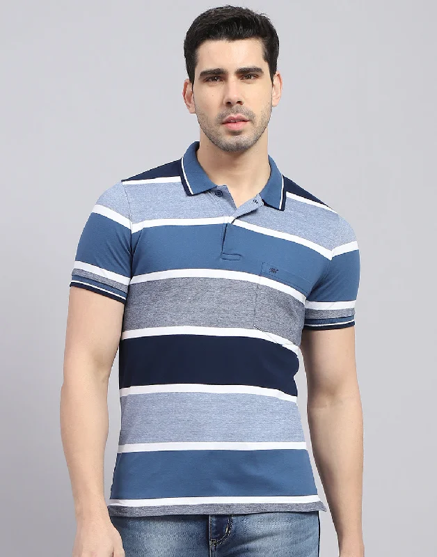 Men's weather-resistant t-shirt-Men Blue Stripe Polo Collar Half Sleeve T-Shirt