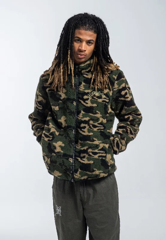 Men's fashion-forward anorak-Mens Dragon & Rose Camo Zip Thru Borg Fleece Jacket - Green Camo