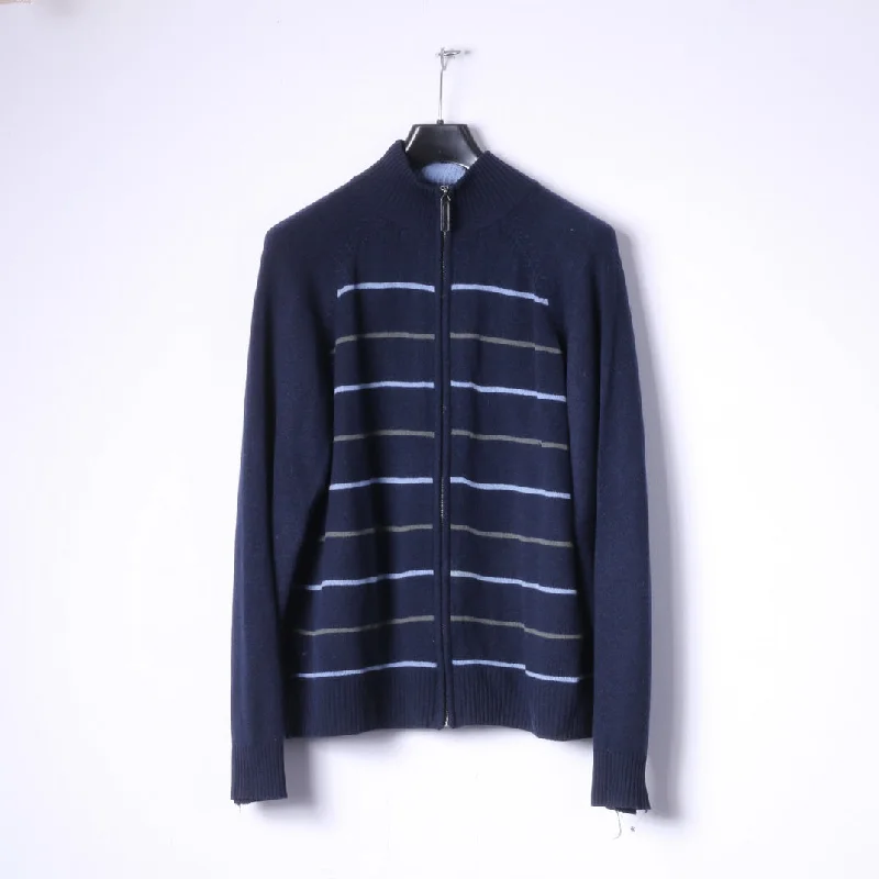 Men's turtleneck sweater-Guise Mens XL Sweater Navy Striped Wool Cashmere Blend Zip Up Cardigan