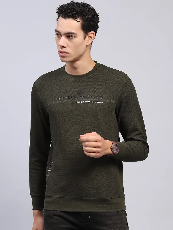 Men's anti-odor t-shirt-Men Olive Printed Round Neck Full Sleeve Winter T-Shirt