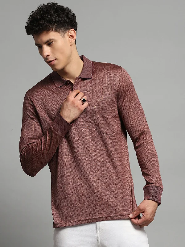 Men's cozy fit t-shirt-Men Brown Self Design Collar Full Sleeve Winter T-Shirt