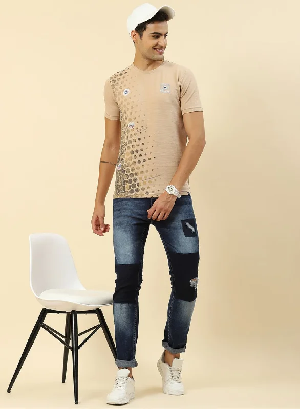 Men's travel-friendly t-shirt-Men Beige Printed T-Shirt