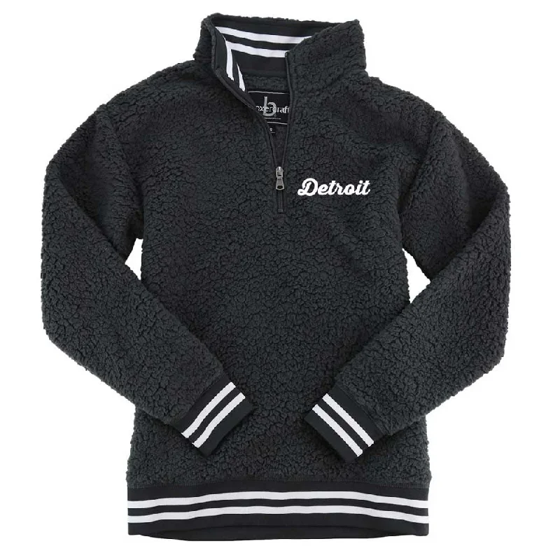 Men's concert sweatshirt-Ladies Detroit Thirsty Script Sherpa 1/4 zip (Charcoal)