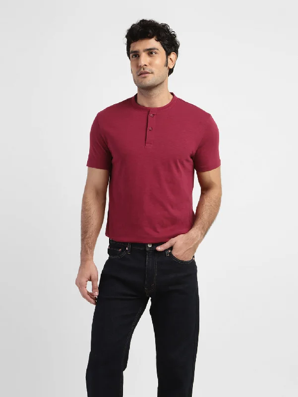 Men's street smart t-shirt-Men's Self Design Henley T-shirt Red