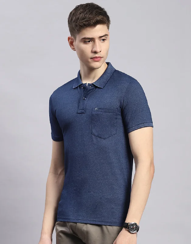 Men's soft hand feel t-shirt-Men Blue Solid Polo Collar Half Sleeve T-Shirt