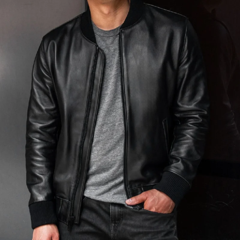 Men's organic leather jacket-Bomber Jacket | Black