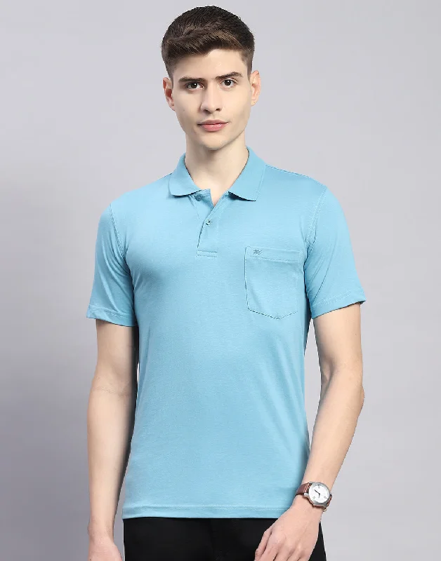 Men's double-layer t-shirt-Men Blue Solid Polo Collar Half Sleeve T-Shirt