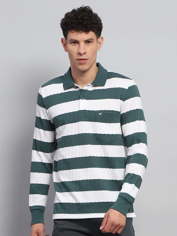 Men's anti-odor t-shirt-Men Green & White Stripe Collar Full Sleeve Winter T-Shirt